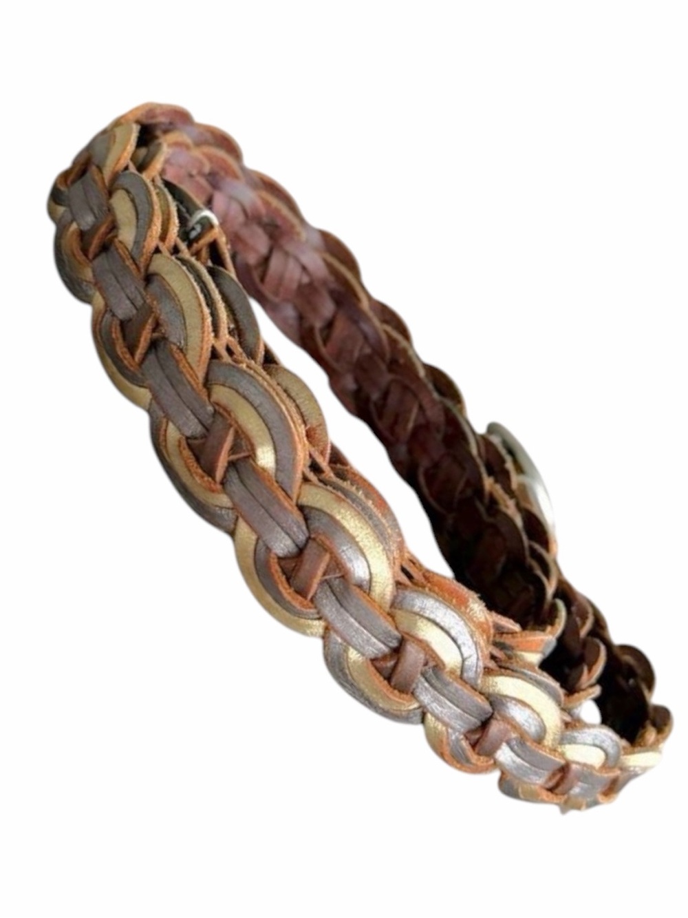 Fossil Y2K Key Logo Braided Leather Belt Womens XL 48” Adjustable Brown Metallic